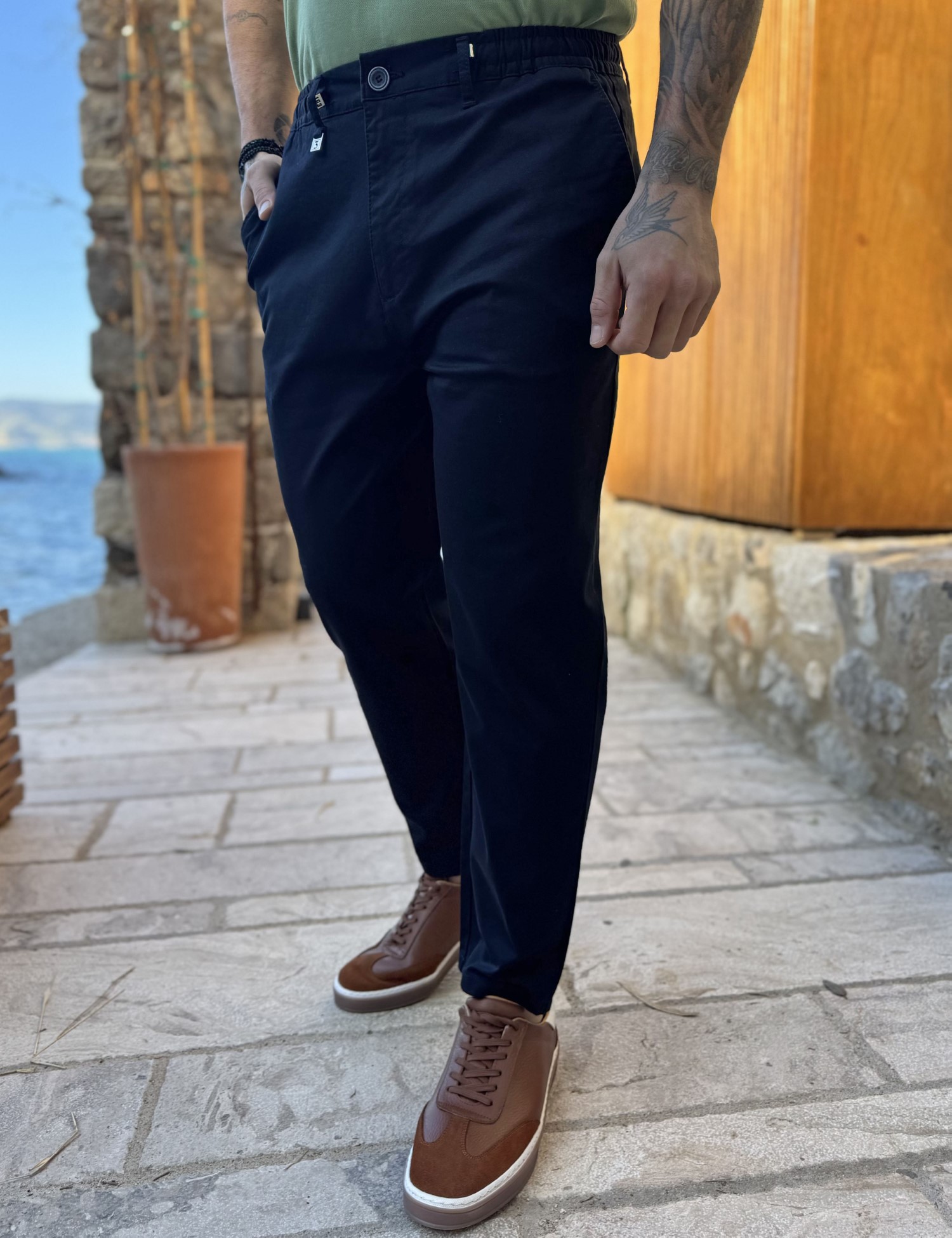 Ανδρικό μπλε υφασμάτινο chinos παντελόνι με λάστιχο JR0020B φωτογραφία